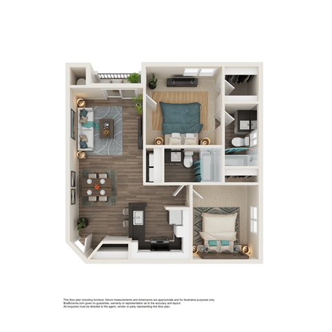 Floor plan for 2 beds, 2 baths, 837 sqft